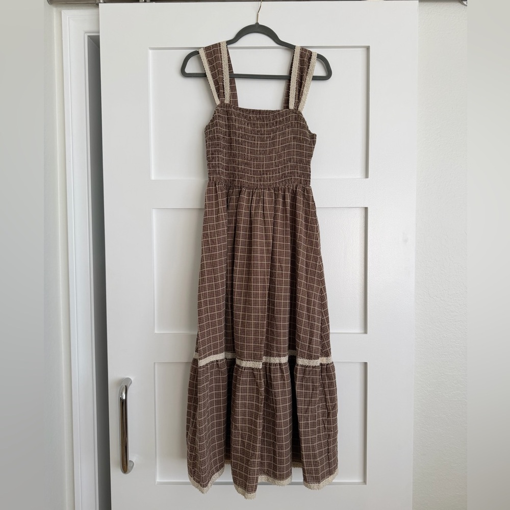 Cider Square Neck Shirred Gingham Maxi Dress - Picture 1 of 6